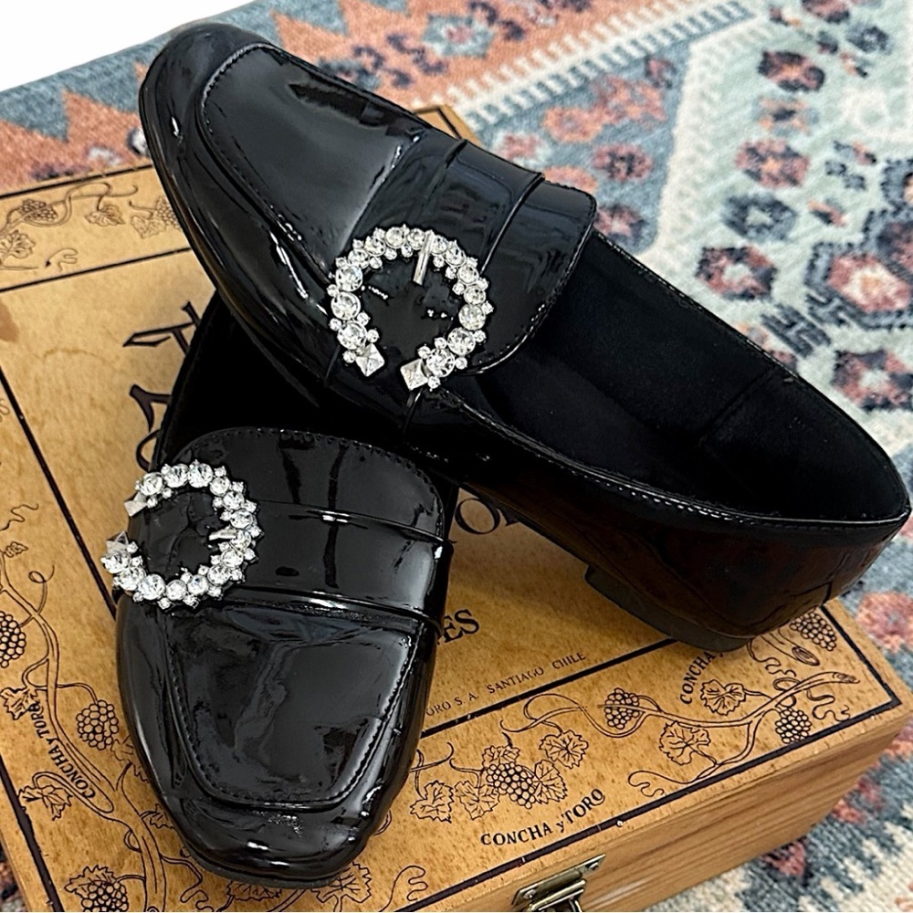 Top Moda Women’s Black Patent Crystal-Embellished Women's Loafers Size 7.5
